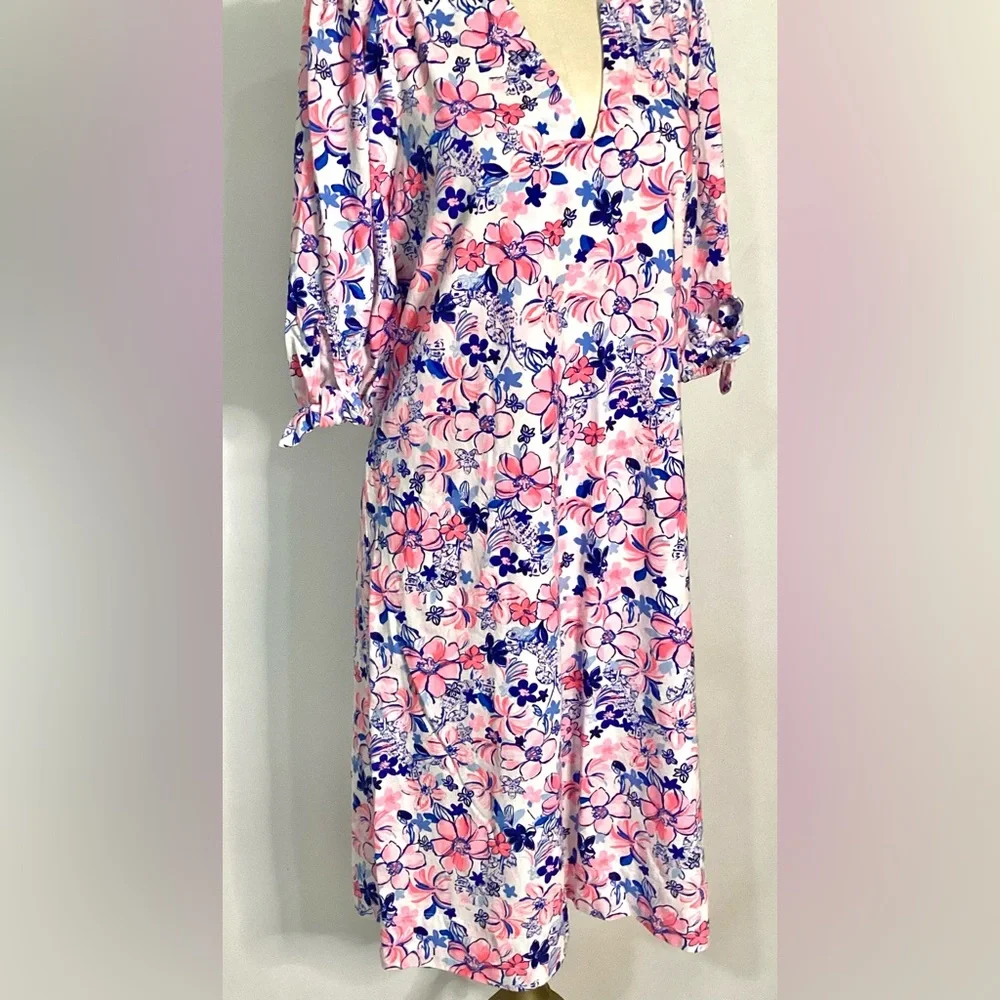 Lilly Pulitzer Pink and Blue Floral 3/4 Sleeve Cotton Dress - Picture 3 of 11